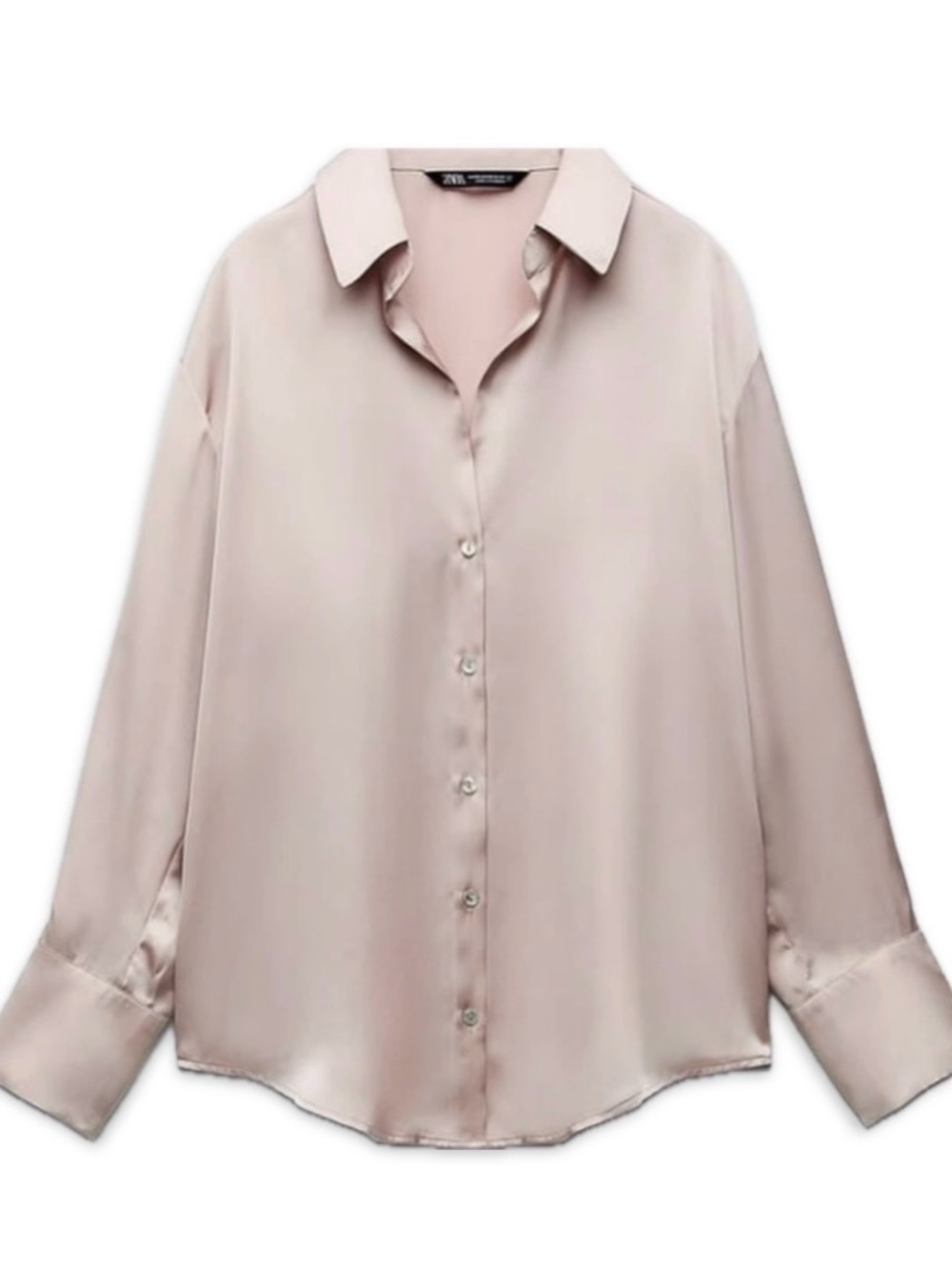 Zara Satin Button-Down Blouse - Light Blush Pink
